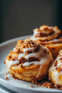 Small batch pumpkin cinnamon rolls drizzled with icing on a wooden table