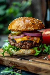 Delicious smash burger with melted cheese and fresh toppings