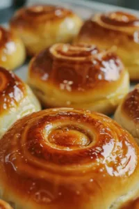 Freshly baked soft and sweet homemade honey buns on a wooden table