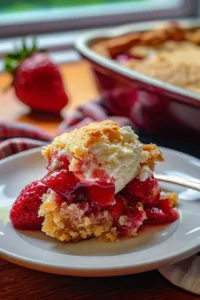 Delicious homemade Strawberry Cobbler served warm with a golden crust.