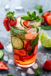 Strawberry Cucumber Mojito Mocktail served in a glass with mint leaves.
