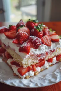 Delicious Strawberry Shortcake Sheet Cake topped with fresh strawberries and whipped cream.