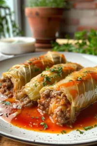 Delicious stuffed cabbage rolls garnished with herbs on a plate.