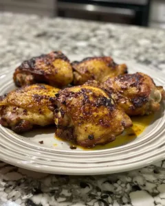 Crispy air fryer chicken thighs served on a plate with herbs