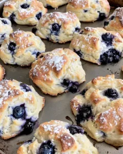 Freshly baked sweet blueberry biscuits with juicy blueberries on a wooden table