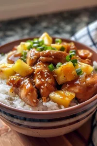 Delicious Sweet Hawaiian Crockpot Chicken served with rice and pineapple
