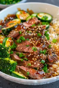 Delicious hibachi steak bowl with tender beef and fresh vegetables