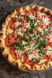 A freshly baked Tomato Pie with sliced tomatoes and herbs on a flaky crust.