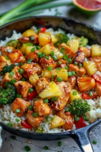 Viral Pineapple Chicken and Rice dish garnished with fresh herbs on a plate.