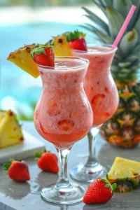 Delicious Virgin Strawberry Pina Colada served in a coconut with fresh strawberries