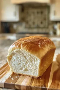 Freshly baked loaf of white bread on a wooden cutting board.