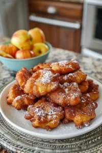 Delicious homemade apple fritters dusted with powdered sugar
