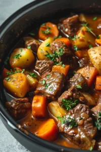 Delicious autumn harvest beef stew with fresh vegetables served in a bowl.