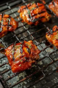 Grilled BBQ chicken thighs garnished and ready to serve