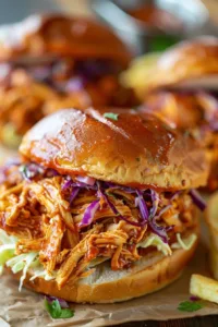 Delicious BBQ pulled chicken served with a side of coleslaw and cornbread