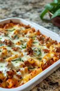 Delicious baked ziti served in a dish with melted cheese and marinara sauce