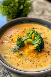 Bowl of creamy Broccoli Cheddar Soup garnished with fresh broccoli and cheese