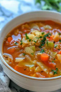 Bowl of homemade cabbage soup with fresh vegetables and herbs