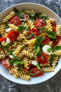 Delicious Caprese Pasta Salad with fresh mozzarella, tomatoes, and basil