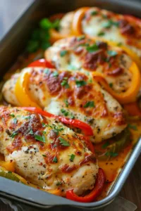 Cheesy baked chicken breast with colorful peppers on a plate
