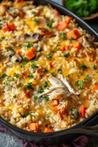 Creamy chicken and rice casserole with mushroom soup in a baking dish