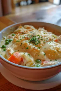 Bowl of delicious Chicken Pot Pie Soup garnished with herbs and flaky crust pieces