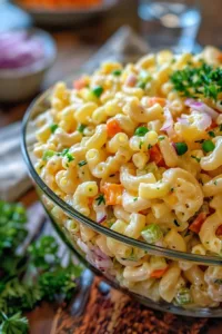 Bowl of classic macaroni salad with vegetables and dressing