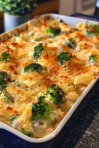 Creamy Alfredo casserole topped with cheese and herbs, served in a baking dish.