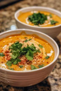 Bowl of creamy coconut curry pumpkin soup garnished with herbs
