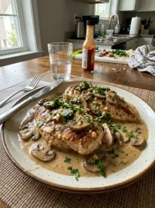 Creamy mushroom chicken dish garnished with parsley served on a plate