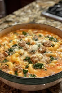 Bowl of creamy Parmesan Italian sausage soup with ditalini pasta