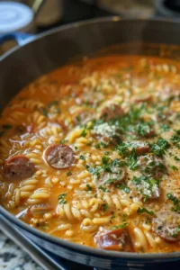 Creamy Parmesan Italian sausage ditalini soup in a bowl