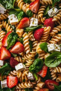 Creamy strawberry feta pasta salad with fresh strawberries and cheese
