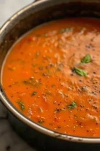 Creamy tomato basil soup with hidden vegetables in a bowl