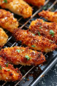 Crispy air fryer chicken cutlets served on a plate with a side of vegetables.