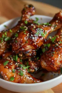Crispy baked honey garlic chicken drumsticks served on a plate.