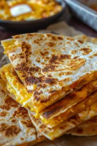 Crispy egg and cheese breakfast quesadillas garnished with green onions