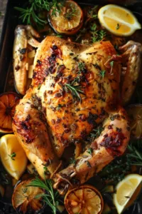 Crispy Garlic Herb Butter Roast Chicken served with fresh herbs and spices
