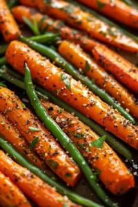 Crispy roasted carrots and green beans served in a bowl