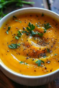 Bowl of creamy crockpot butternut squash soup with spices and herbs