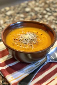 Bowl of creamy butternut squash soup made in a crockpot