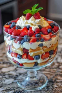 Delicious berry trifle layered with lady fingers and mixed berries