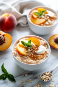 Delicious peach cobbler overnight oats in a bowl topped with fresh peaches