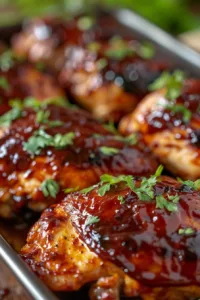 Delicious Crockpot BBQ chicken served on a plate with barbecue sauce.
