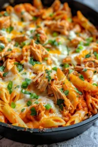 Baked Buffalo Chicken Pasta served in a dish with cheese and herbs
