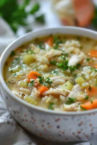 Bowl of easy chicken rice soup with vegetables and herbs