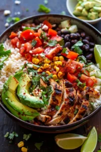 Delicious easy chicken burrito bowl topped with fresh ingredients