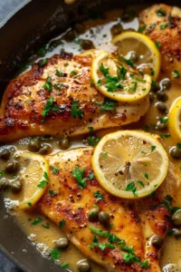 A plate of easy Chicken Piccata garnished with lemon and capers.