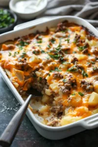 Delicious easy hamburger potato casserole served on a plate with a sprinkle of herbs.