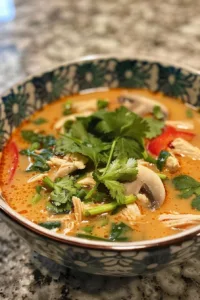 Bowl of easy homemade Thai chicken soup with fresh herbs and spices